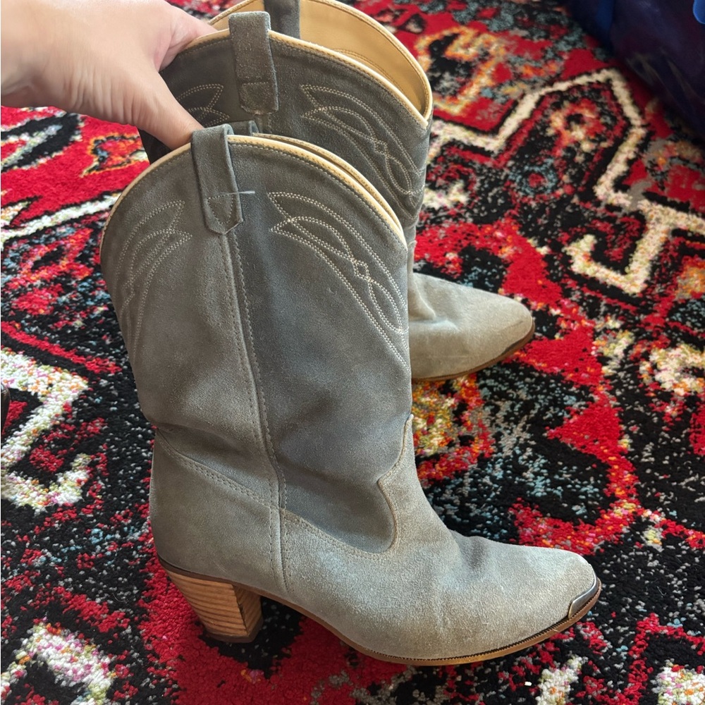 Vintage Gray Suede Mid-Calf Heeled Boots